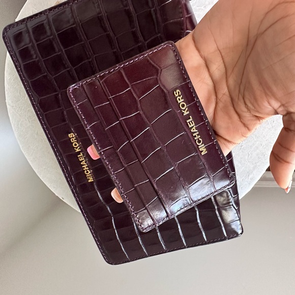 Michael Kors Crocodile Embossed Leather Crossbody or Clutch, Burgundy - Picture 7 of 8